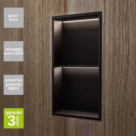 Niche de Douche Mural Éclairage Led 33 x 63 cm - Rangement Salle de Bain en finition Noir Mat - MARSHALL