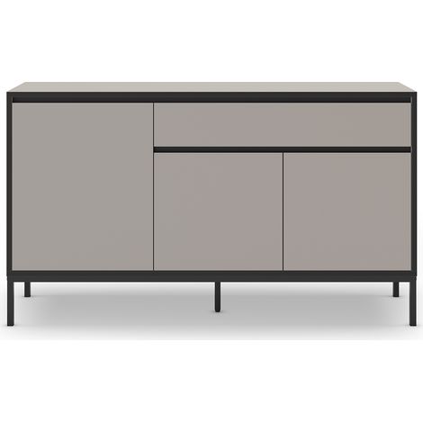 Buffet, commode de rangement avec 3 portes et 1 tiroir aspect bois coloris crème, pieds en métal noir - Longueur 140 x Profondeur 40 x Hauteur 80 cm (1/4)
