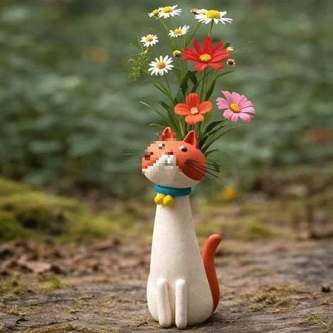 Vase original en forme de chat, portable, mignon et pratique - vase chat original fait main - blanc et rouge -