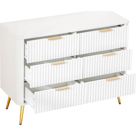 Commode 6 tiroirs blanche moderne avec poignées métal, coulisses à fermeture douce, anti-basculement, base surélevée 20 cm pour aspirateur robot - CHICFURN (1/5)