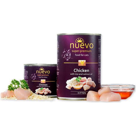 Nuevo Super Premium Cibo umido per gattini in lattina Pollo con riso 400g