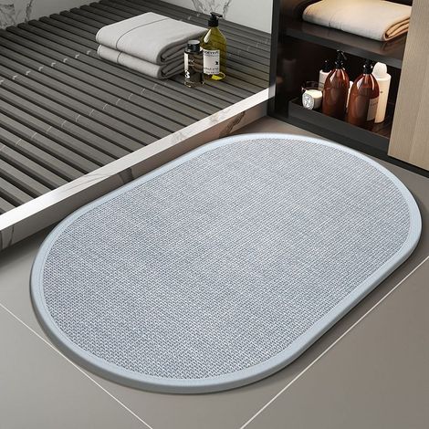 Bodenmatte aus Leinen und Kieselgur – Saugfähig, rutschfest und schnelltrocknend – Minimalistischer Stil für Badezimmer und Eingangsbereich – Ovale Form (60 x 90 cm), Farbe Meeresnebelblau-lsw