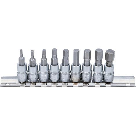 9-Piece Socket Set with Bits, 6.3 mm Square Drive, Internal Hex, Chrome Vanadium Steel, For Mechanical Use (1/4)