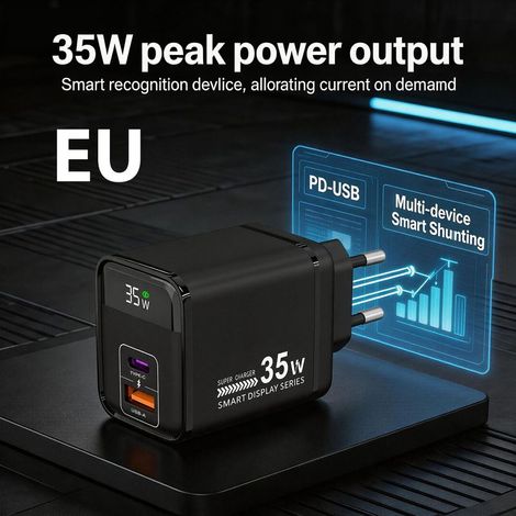Tête de charge rapide 35 W, adaptateur de charge PD+QC3.0 - Noir (1/3)