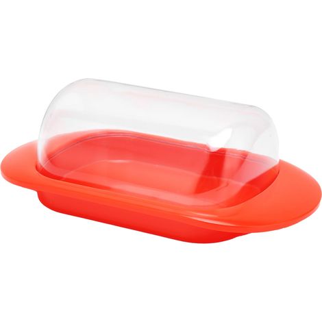 Boîte de rangement en plastique à bords arrondis pour beurre, fromage, desserts et pain, avec couvercle transparent et couteau rouge. (1/5)