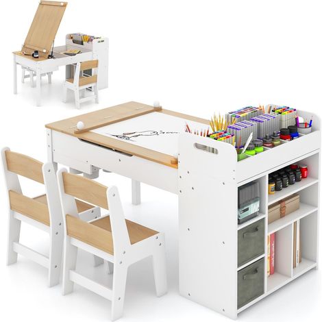 GOPLUS 2 en 1 Table de Dessin Enfant avec 2 Chaises, Table d'art avec Plateau Rabattable, Porte-Rouleau de Papier, Bureau Enfant avec Rangement et Barres de Pression,120x60x60cm (Naturel) (1/5)