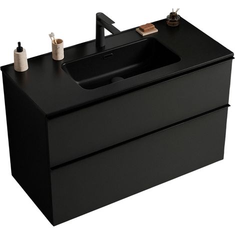 BERNSTEIN - Mobile lavabo sospeso MDF nero opaco, lavelli nero opaco + foro rubinetto, maniglia antracite opaco - 81x64x47cm - LAVOA	Nero opaco, Nero opaco, Antracite opaco
