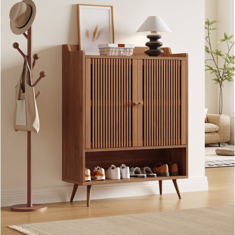 Credenza portascarpe 80x35x105 cm, con vano aperto, ripiano fisso, maniglie in alluminio, gambe in ferro, MDF e pino, noce (1/5)