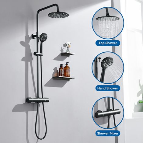 Colonne de Douche Thermostatique Auralum Ensemble de Douche Ronde avec Mitigeur Thermostatique de 38°C Système de Douche Hauteur Réglable 840-1210mm Set de Douche Douchette avec 3 Jets D’eau Noir (1/5)