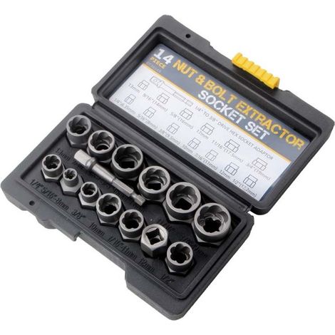 Extracteur de vis 14 pièces – Douilles en acier haute qualité – Pour écrous et boulons endommagés – Bote de rangement portable (1/4)