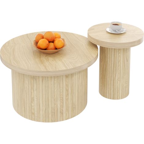 Lot de 2 tables basses rondes gigognes en MDF, style moderne avec piètement à lattes effet bois, gain de place pour salon et coin lecture - CHICFURN (1/5)