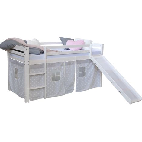Letto a soppalco per bambini 90x200cm con scaletta e scivolo legno bianco con tessuto grigio a forma di stella LIT06179