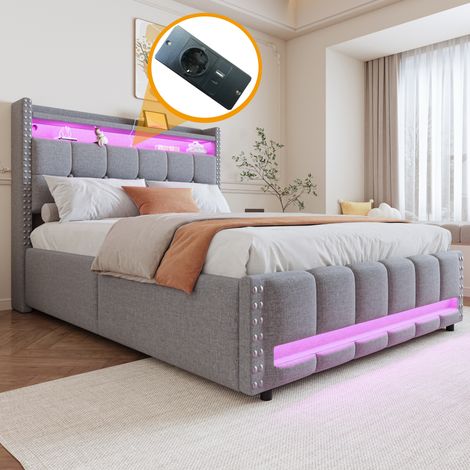 Letto Matrimoniale 140x200 cm con Testiera e Sollevamento Idraulico, LED, USB, Tessuto Lino, Grigio Chiaro(Senza Materasso) (1/5)