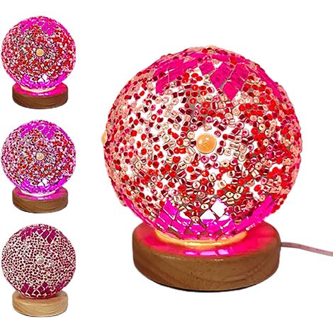Lámpara de noche estilo mosaico bohemio con base de madera, luz suave rosa marroquí (tamaño estándar), LED USB tricolor con regulador de intensidad continuo. (1/2)