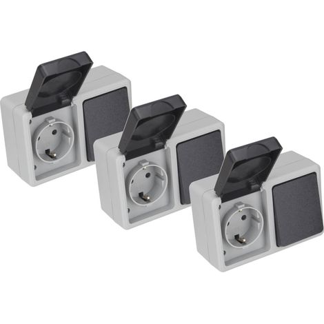 3er Set Feuchtraum Kombination horizontal Steckdose Schalter Serie TAFF Aufputz IP44 250V grau