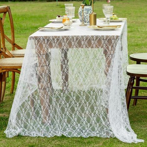 Nappe bohème en dentelle blanche 150 cm x 100 cm pour mariage champêtre, enterrement de vie de jeune fille ou décoration, nappe rectangulaire brodée longue style ferme vintage (blanche) (1/2)