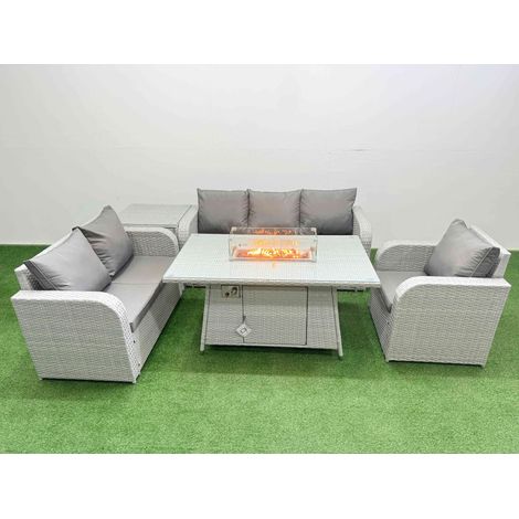 Fimous Patio PE Wicker 6 Seater Outdoor Rattan Furniture Sofa Sets with Firepit Dining Table Reclining Chair Loveseat Sofa 3 Seater Sofa Side Table Light Grey (1/4)