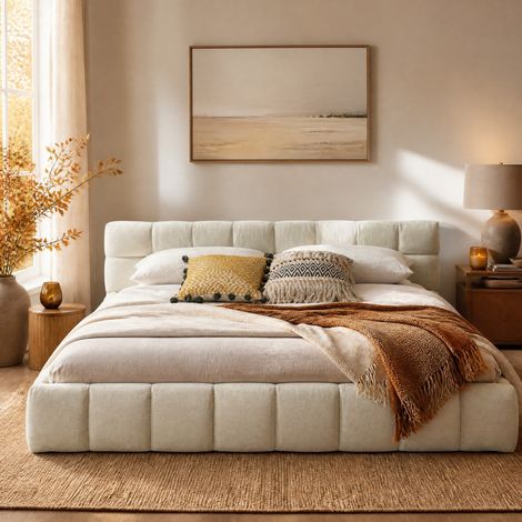 Letto matrimoniale 160x200 cm, rivestimento in chenille, struttura in legno di eucalipto e ferro, beige (1/5)