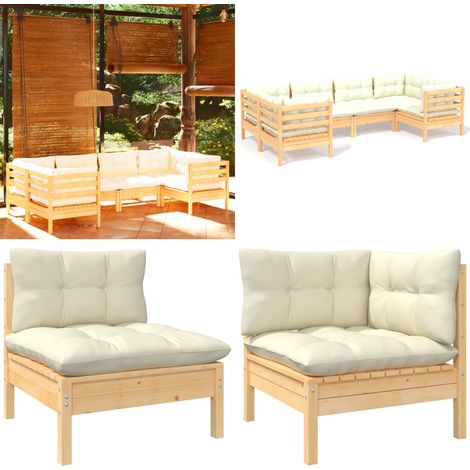 6-tlg. Garten-Lounge-Set mit Creme Kissen Kiefernholz - Gartensessel - Lounge Set - Gartenmöbel - Rattan Möbel - Outdoor Furniture - Home & Living (1/5)