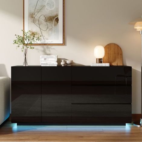 Buffet moderno, buffet bajo con 3 cajones 2 puertas, 160x35x76 cm, LED, armario de cocina, buffet de salón, almacenamiento, negro (1/5)