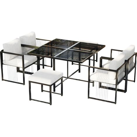 Salon de Jardin Carré 6 Places, Mobilier de Terrasse 7 Pièces avec Table en Verre Trempé Noir, Ensemble Repas Extérieur Noir et Blanc (1/5)