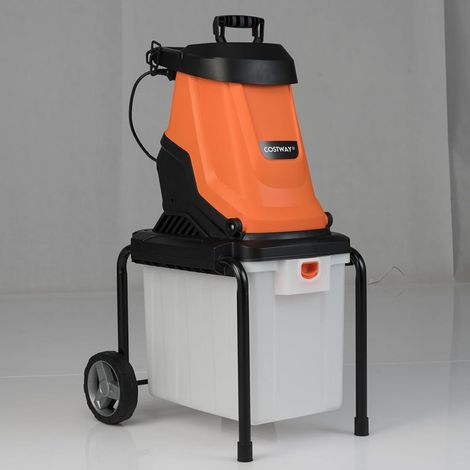 Broyeur de végétaux électrique orange 2800 W avec bac de collecte 50 L, coupe 45 mm et roues pour jardin et terrasse