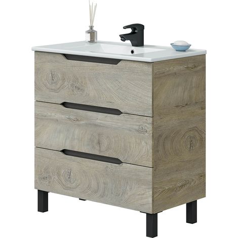 Pegane – Meuble sous vasque simple chêne à nœuds – 80 cm avec 3 tiroirs sans poignée – Panneaux mélaminés 15mm – Dimensions 80 x 45 x 86 cm (1/3)