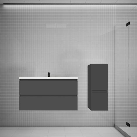 Ensemble meuble vasque L.99cm anthracite 2 tiroirs + colonne + lavabo (1/5)