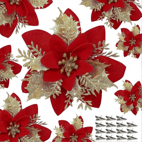 15 Stück Weihnachtsstern-Blume, künstlicher Weihnachtsstern mit Clips, Weihnachtsdekoration, glitzernder Weihnachtsstern, Weihnachtsbaumschmuck, Rot (1/5)