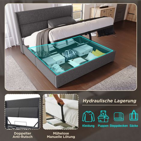 Lit double capitonné 160x200 cm avec tête de lit ajustable, sommier métallique à lattes, coffre de rangement hydraulique, revêtement en lin, gris clair (matelas non inclus) (1/5)
