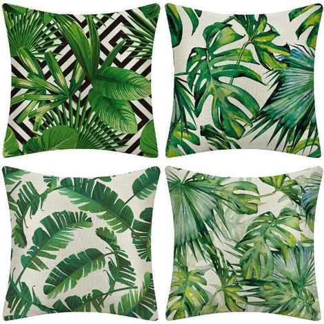 4 fodere impermeabili per cuscini da esterno in poliestere PU, fantasia con piante tropicali verdi, 45x45 cm (set da 4)