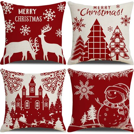 Christmas Cushion Cover 45x45cm, Set of 4 Christmas Decorative Sofa Cotton and Linen Christmas for Sofa Bed Bedroom Chair Garden - Red Christmas Decoration (1/5)