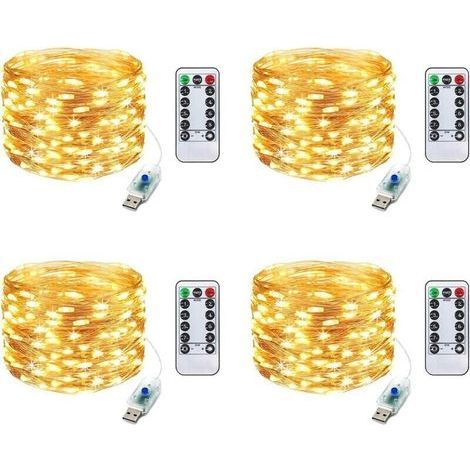 LED-Lichterkette für Weihnachten, Kupferdraht, USB-betrieben mit Fernbedienung, 4er-Pack, 10 m, 100 LEDs, für drinnen und draußen, Halloween-Beleuchtung, Schlafzimmer-/Partydekoration, warmweiß (1/4)