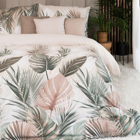 Parure de lit Lush 220x200 cm - satin de coton, motif feuilles tropicales (1/5)