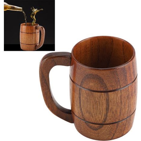 Retro natural wood beer mug, large capacity, classic tea mug with handle (1/5)