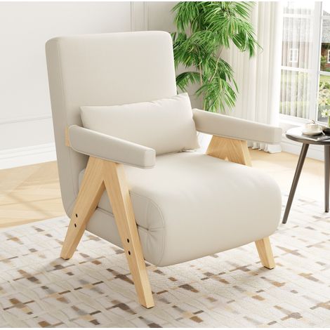 Sillón cama convertible 87x64x60 cm beige en lino con respaldo ajustable 6 posiciones