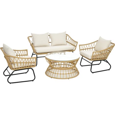 Set di mobili da giardino in resina intrecciata composto da 4 pezzi: divano a 2 posti + 2 poltrone + 1 tavolino, nei colori sabbia e crema.