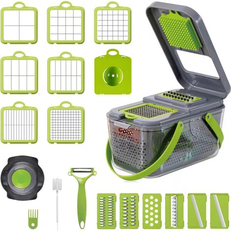 22-in-1-GEMÜSESCHNEIDER MIT BEHÄLTER, GEMÜSEHACKER UND ZWIEBEL-TOMATENMÜHLE, MULTIFUNKTIONALES KÜCHENGERÄT MIT ZITRONENPRESSE - 13 KLINGEN