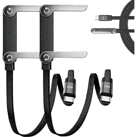 Câble USB-C - 240 W - Support Téléphone Pliable Intégré - Pour Smartphones Tablettes Ordinateurs Portables - 1,5 M - Nylon Tressé - Lot De 2 (1/5)