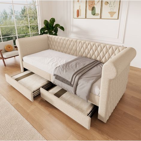 DESVIAE Lit banquette vintage 90 x 200 cm en lin beige avec deux tiroirs de rangement cadre de lit convertible avec dossier et accoudoirs courbes pour chambre ou chambre d amis (1/5)