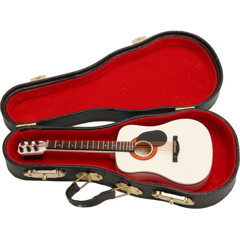 Guitare miniature blanche 13cm bois lisse détails riches, modèle réduit en bois pour étagère, table, vitrine, décoration (1/5)
