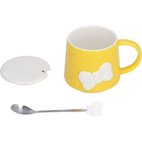 Tasse en céramique noeud papillon créatif, lot cadeau tendance pour couple, tasse à couvercle et cuillère jaune. (1/5)