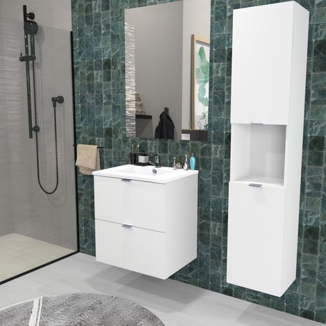 Le Quai Des Affaires – Ensemble meuble sous-vasque 60 cm – Vasque résine blanc brillant – Miroir H100 x L70 – Colonne 2 portes L35 x P30 x H165 – 2 tiroirs avec découpe évacuation