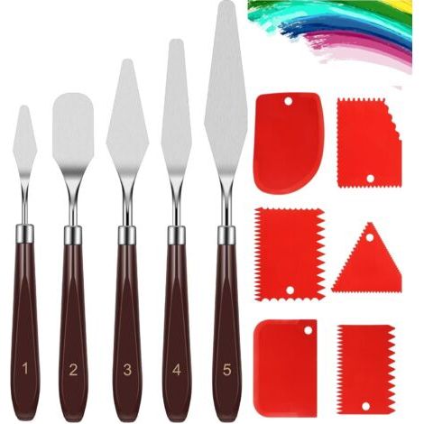 11Pcs Couteau Peinture Set, Materiel Peinture Art,Spatule Peinture avec 6 Grattoirs en Plastique, 5pcs Palette Couteau Acier Inoxydable pour Modeling Paste,Peinture à Lhuile (1/5)