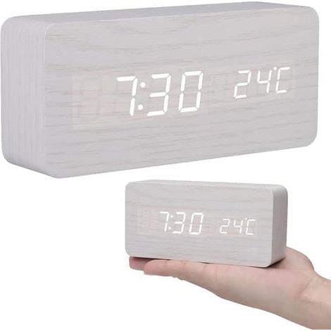 BelleRise - Réveil numérique LED affichant date, heure et température, commande vocale, luminosité réglable, USB ou piles, blanc (1/5)