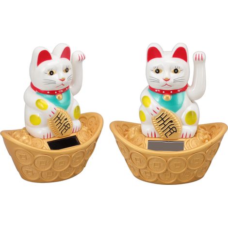 Chat porte-bonheur solaire agitant la main, symbole de richesse et de prospérité, décoration pour la maison, le bureau ou un bureau (MLY358C, blanc). (1/5)