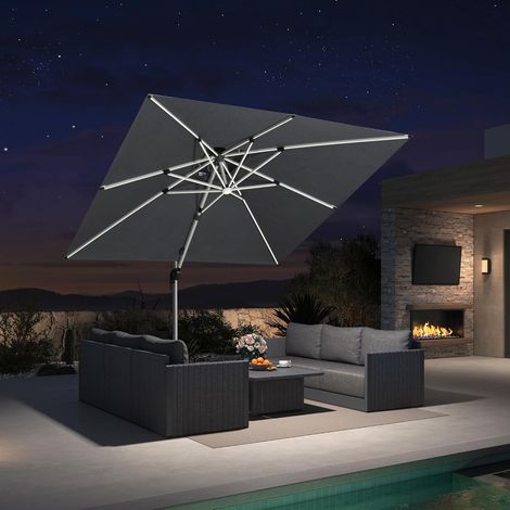PURPLE LEAF Parasol Déporté Extérieur 2,7 x 2,7 M Carré avec LED, Parasol de Jardin Luxe, Adapté pour Piscine, Jardin, Balcon et Terrasse, Gris (1/5)
