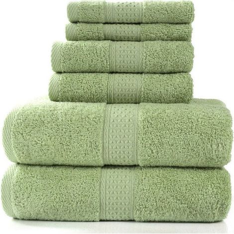 Serviettes - Ensemble 6 Pièces 100% Coton 950 g/m² - 2 Serviettes De Bain 70x140 cm + 2 Essuie-Mains 34x75 cm + 2 Petites Serviettes 33x33 cm - Couleur Feuille De Saule (1/5)