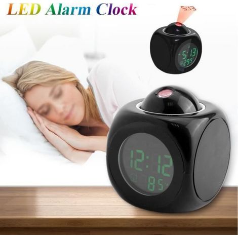 Horloge Projection LCD - Affichage Heure Température - Voix Parlante - Réveil avec Snooze - Noir - 1 Pièce (1/4)