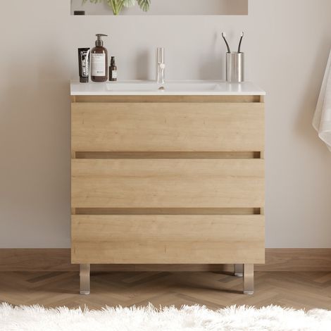 Meuble de salle de bain 80cm simple vasque - sans miroir - 3 tiroirs - nebraska (bois clair) - MAYOR (1/5)